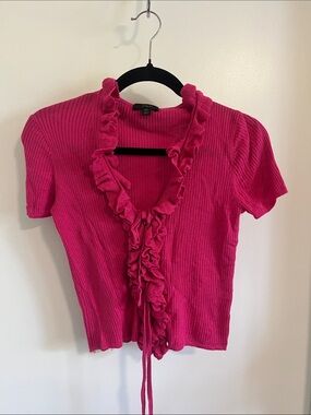 JCrew Hot Pink Ruffle-Front Short Sleeve Knit Top